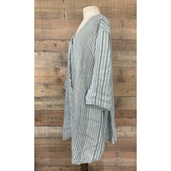 Flax Striped Lt Blue Woven Linen Tunic Dress Size 1G Lagenlook - Picture 3 of 11